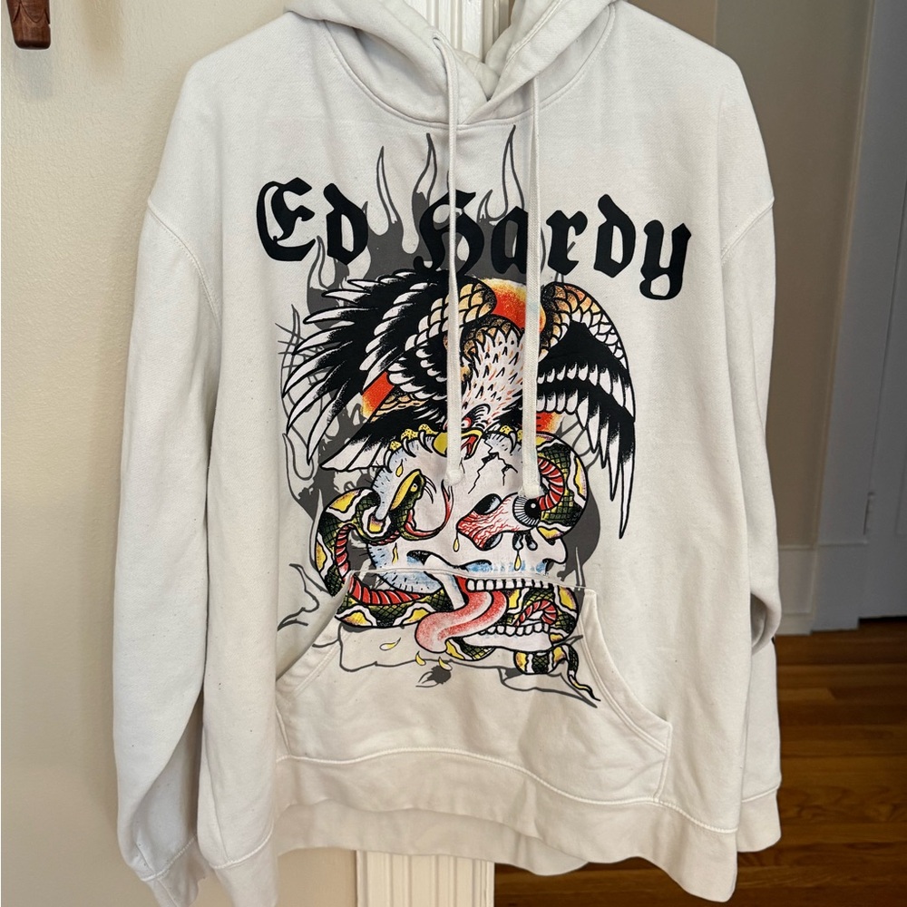 Ed Hardy Hoodie XXL Skull Eagle Graphic Pullover Sweatshirt Cream Y2K Streetwear